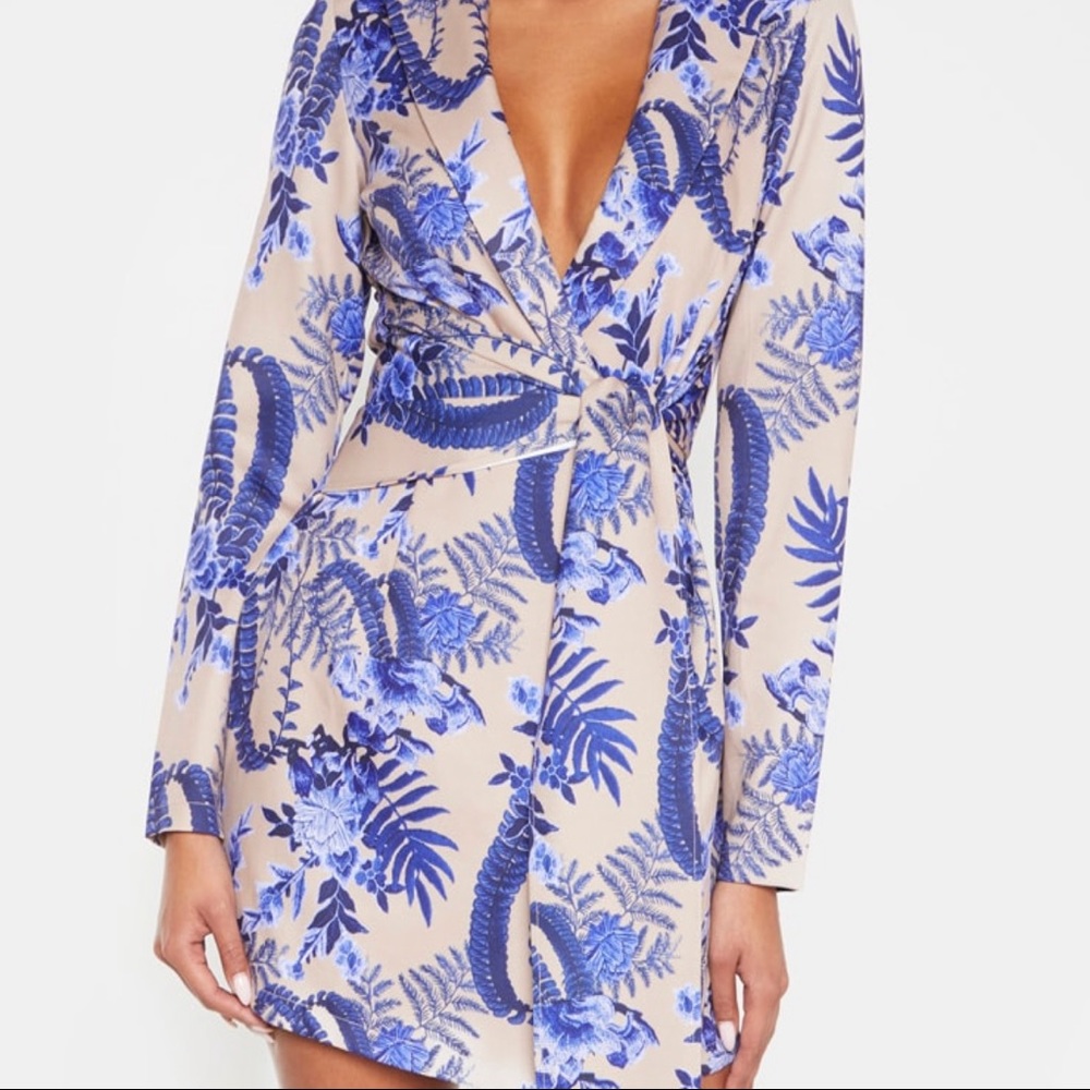 PrettyLittleThing Cream Dress with Blue Floral Print